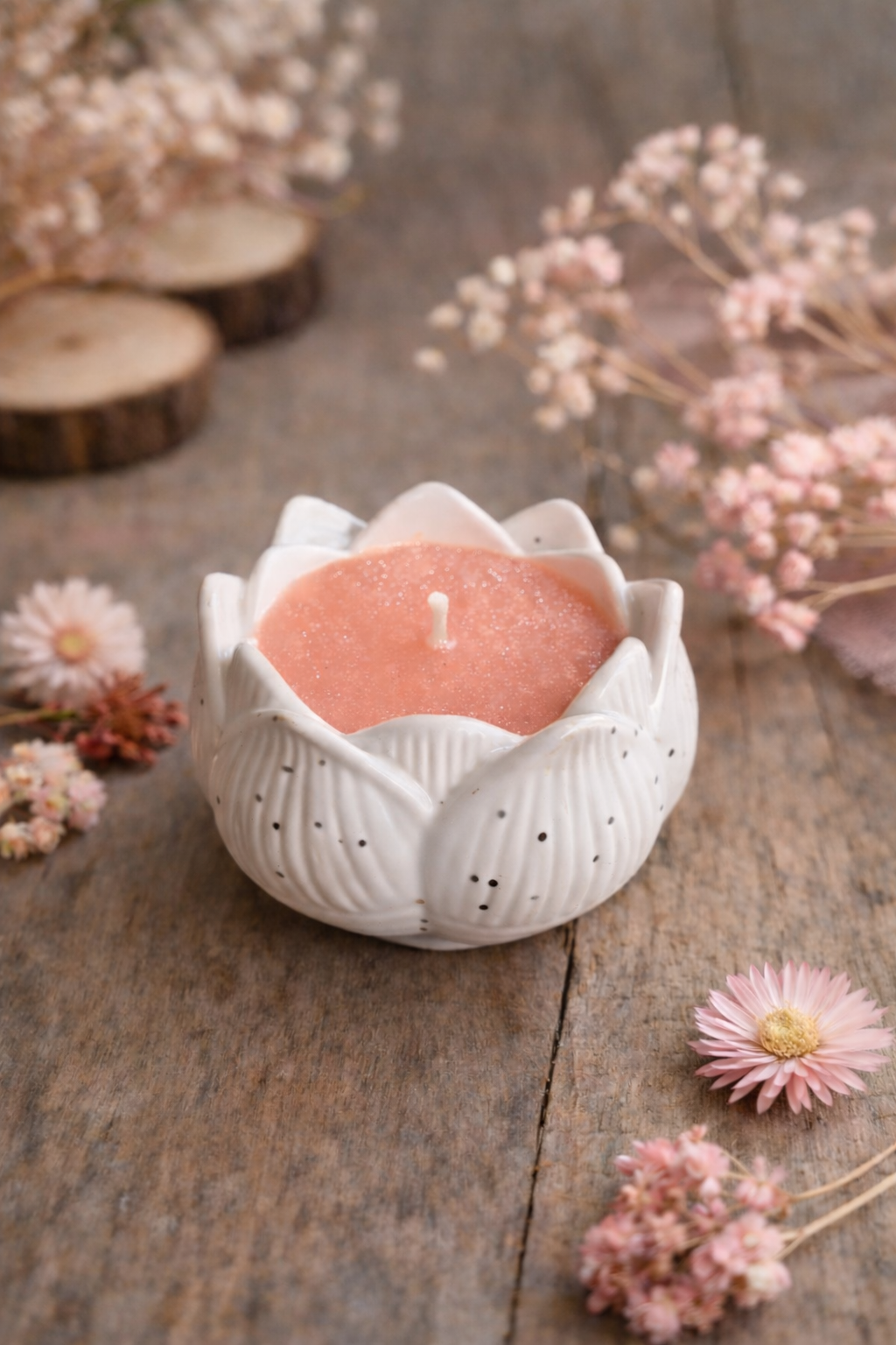 Bougie unique jesmonite fleur de lotus - Parfum Pêche